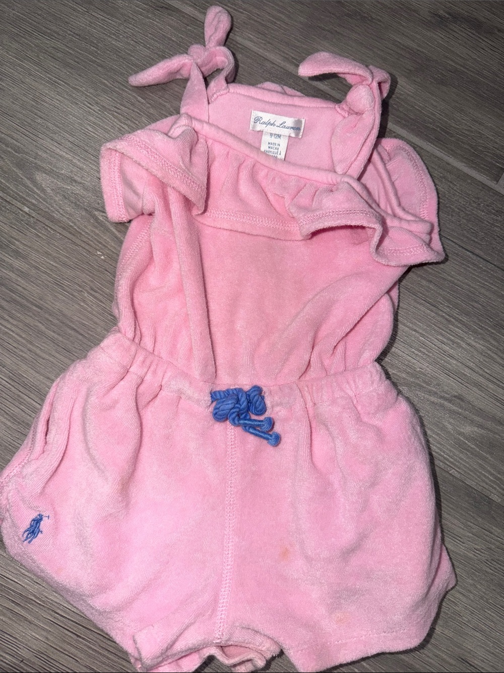Ralph Lauren Pink Terry Romper with Blue Drawstring